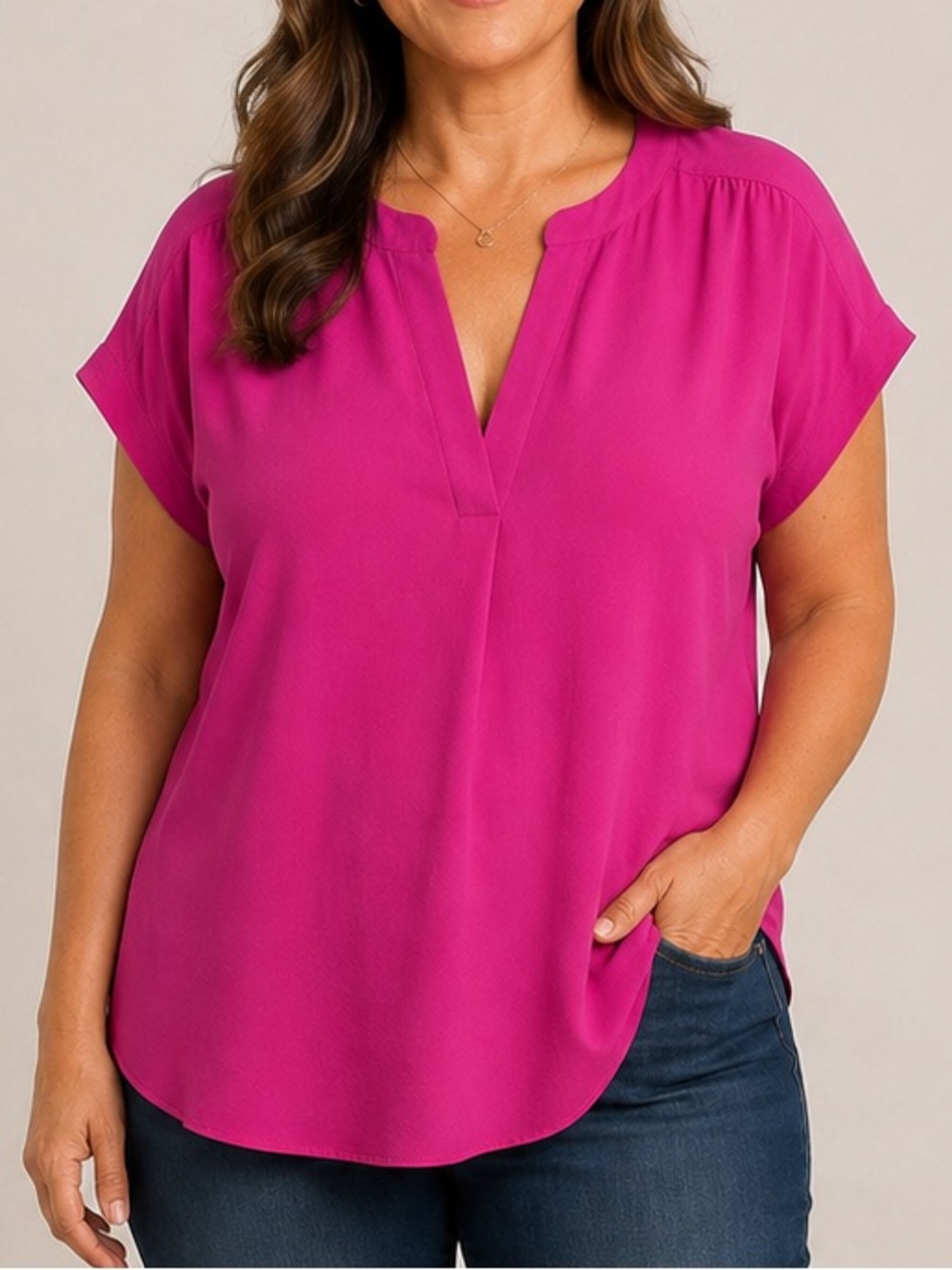 Gibson Women’s Size XL Hot Pink Split V-Neck Cap Sleeve Blouse Top HSC6340